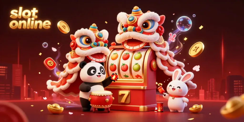 Celebrate with vibrant characters in a festive casino scene featuring slot online themes and lucky symbols.