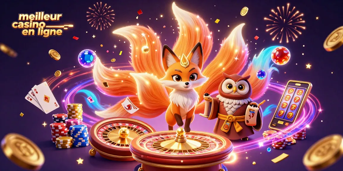 Vivez l'expérience du meilleur casino en ligne avec une illustration dynamique de jeux et personnages magiques.