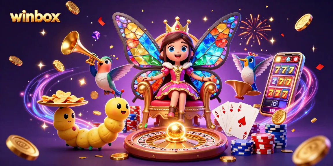 Winning with Winbox: A dynamic 3D scene showcasing vibrant casino elements and a butterfly queen.