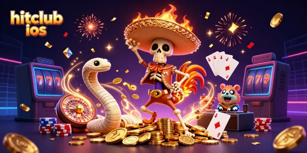 Spin and win with hitclub ios in this vibrant 3D casino illustration featuring colorful casino elements and characters.