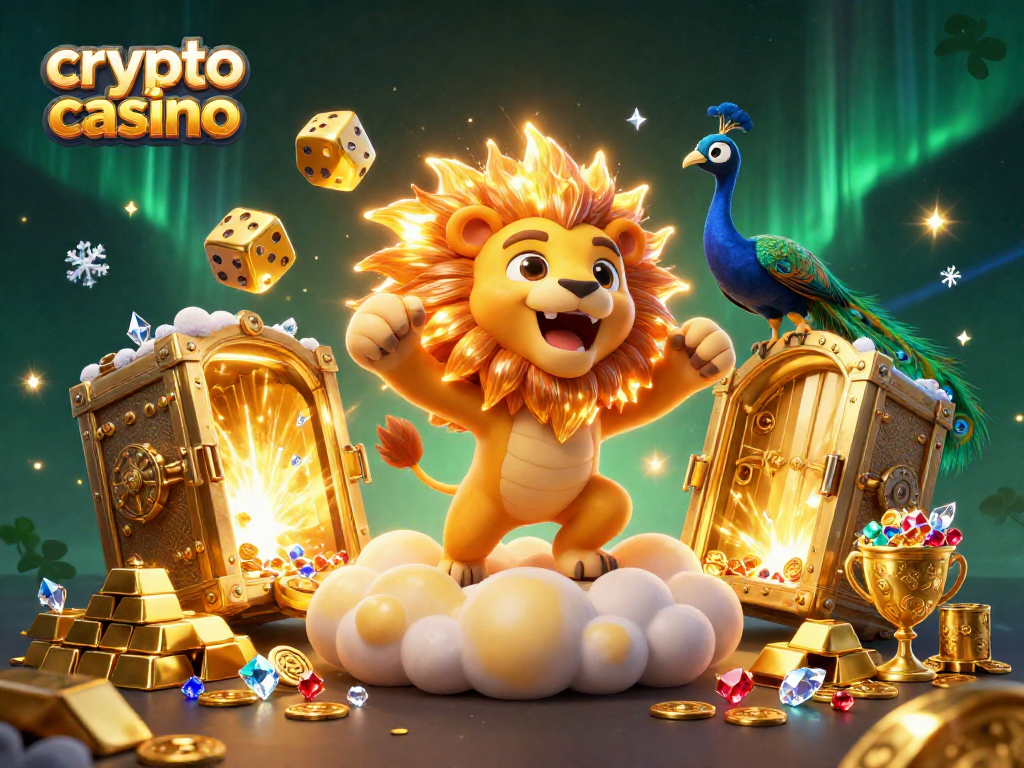Experience the excitement of a crypto casino with a vibrant 3D scene featuring joyous characters and treasure.