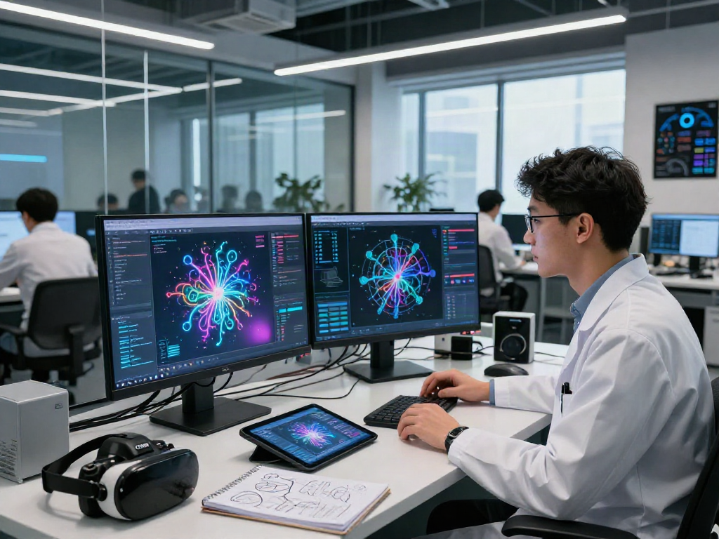 AI Image Detector interface displayed on a monitor in a modern tech lab, showcasing image analysis.