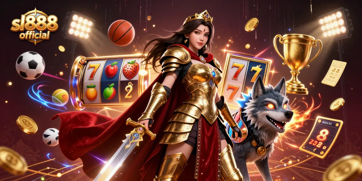 Gambling adventure with sl888 official, showcasing a warrior queen and her wolf in a dynamic casino scene.