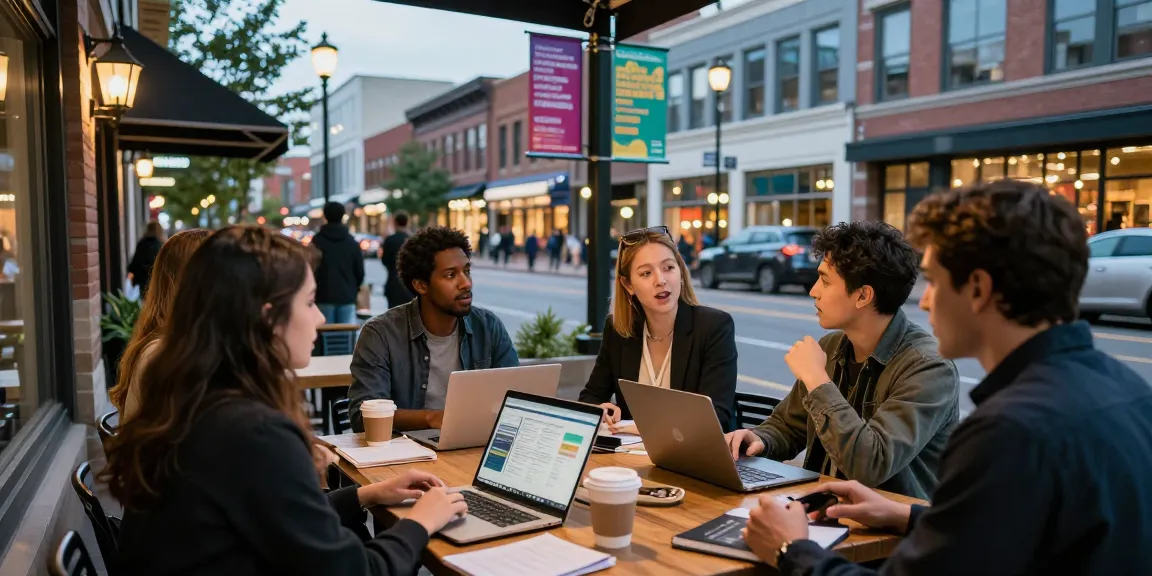 Spokane marketing professionals collaborating over strategies at downtown café