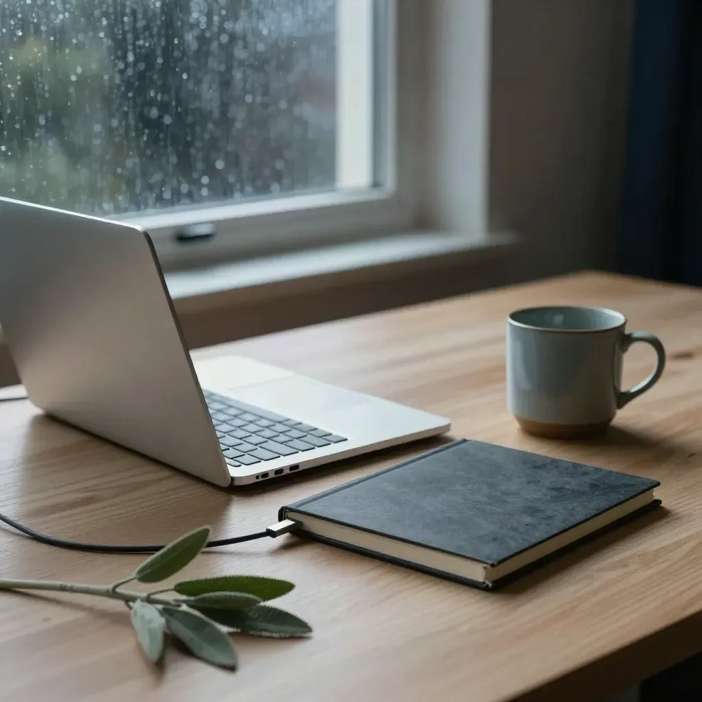 Rainy blue-hour coding workspace with laptop, notebook, cable, mug, and sage sprig
