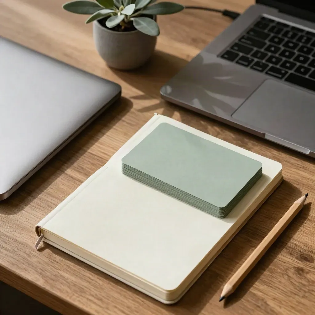 Open notebook, laptop, tabs, pencil and plant on a sunlit oak surface