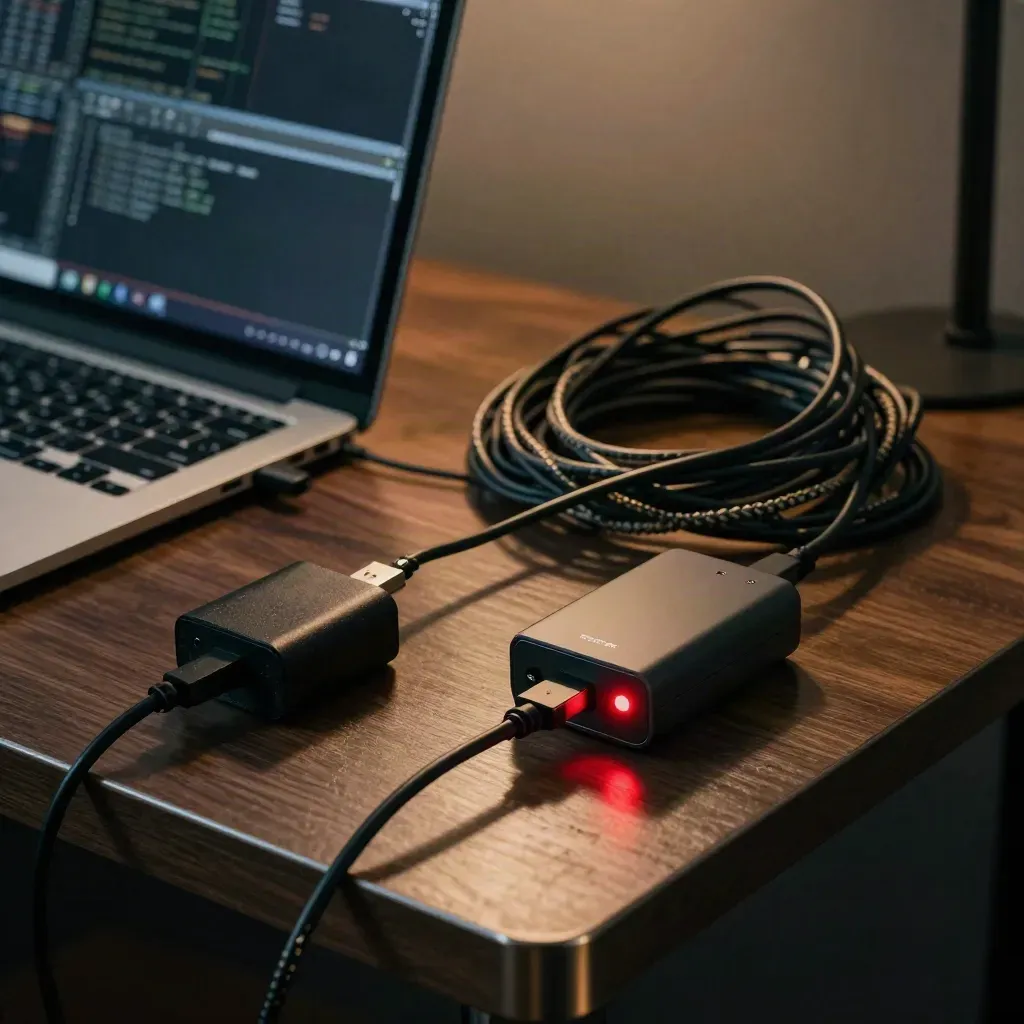 Close-up of a laptop, tangled USB cables, adapter, and flickering red status light on a debugging desk.
