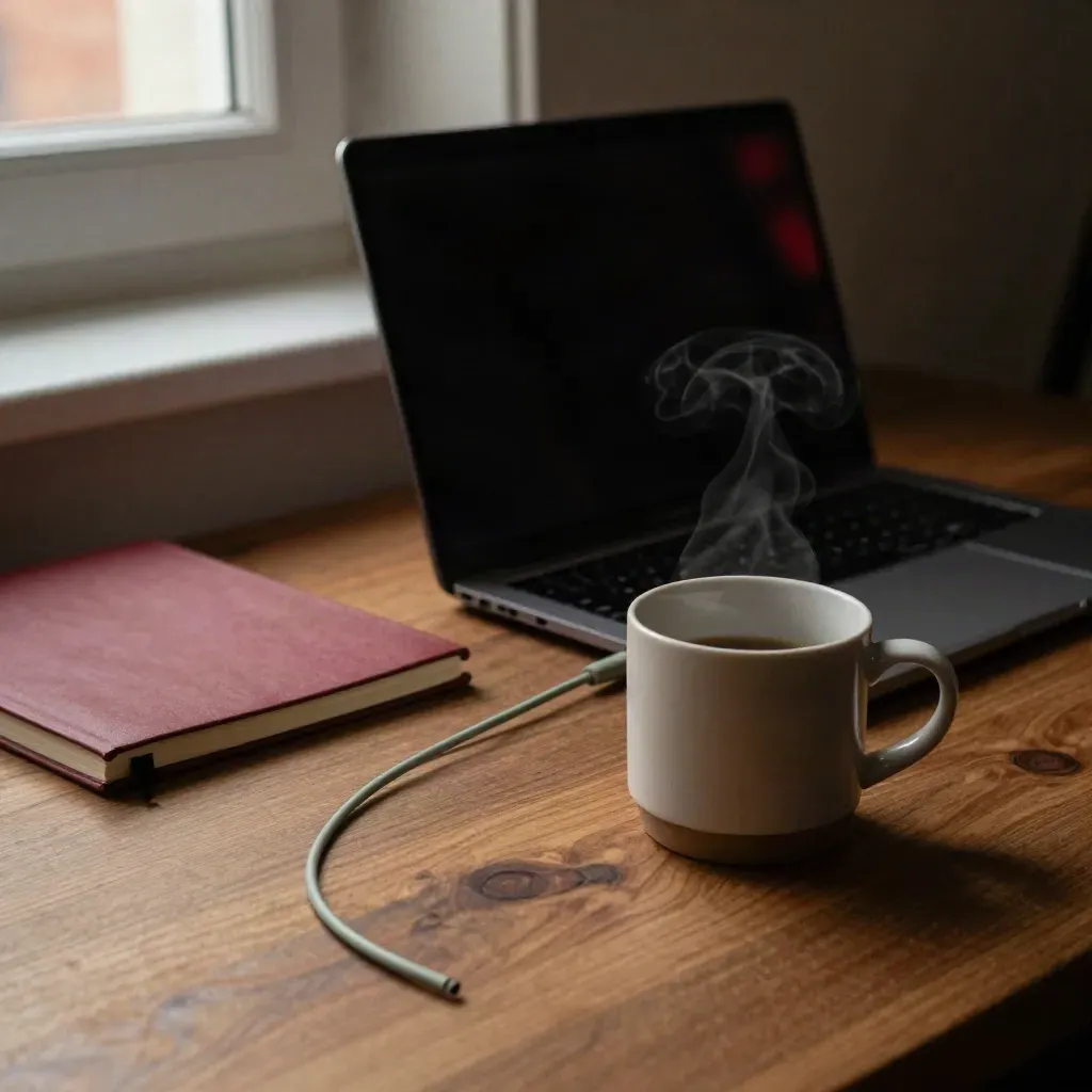 Dark laptop, red notebook, sage cable, and steaming mug on a walnut work surface.