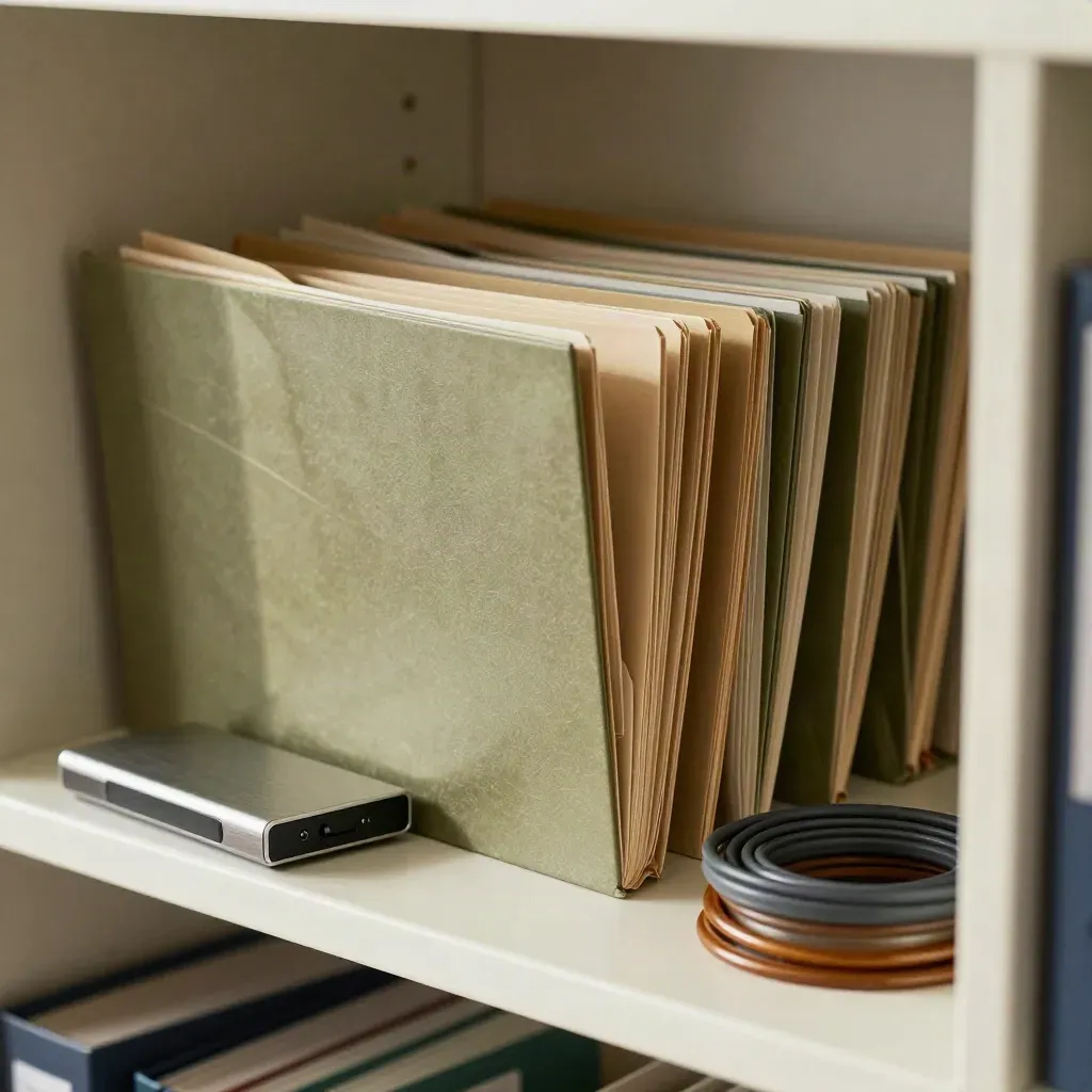 Folders and a compact drive lean forward on a pale shelf with amber reflections.