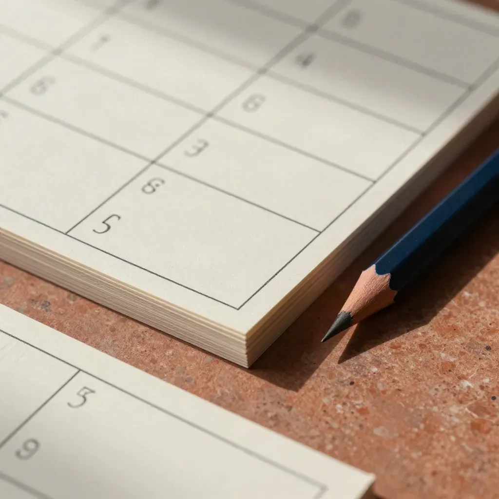 Overhead macro of index cards, blank notes, and a pencil on terracotta stone.