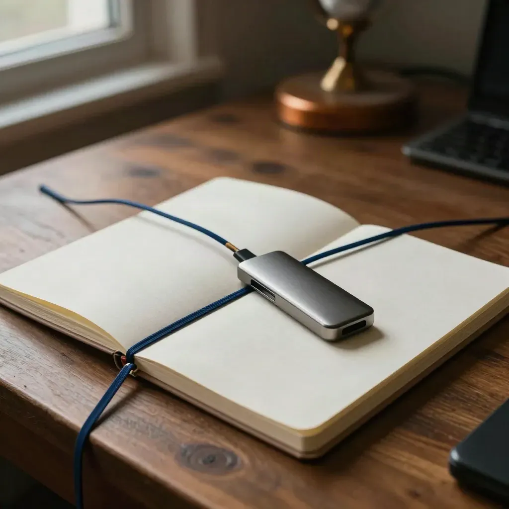 Blank notebooks, external drive, and split cable ties on a walnut desk in soft evening light