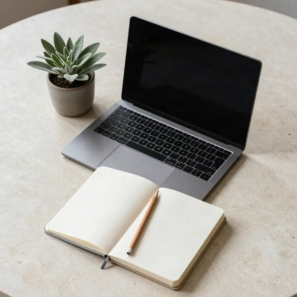 Top-down laptop, notebook, pencil and sage plant settling into a clean diagonal on a pale stone surface.