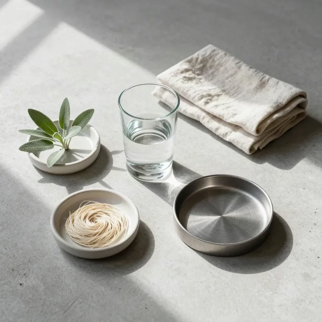 Overhead flatlay of glass, ceramic, metal and woven forms with linen and sage sprig