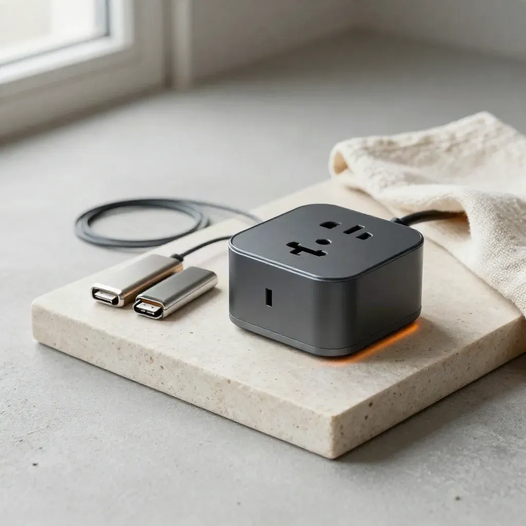 Smart plug, USB drives, cable ties and folded cloth on a stone tray under soft window light.