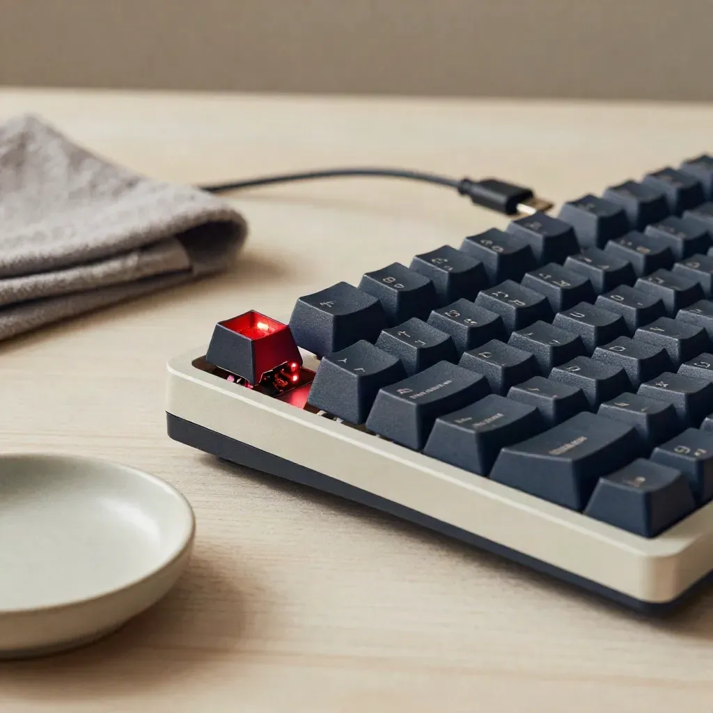 Keyboard debugging still life with red LED, loose cable, cloth and ceramic dish on pale wood.