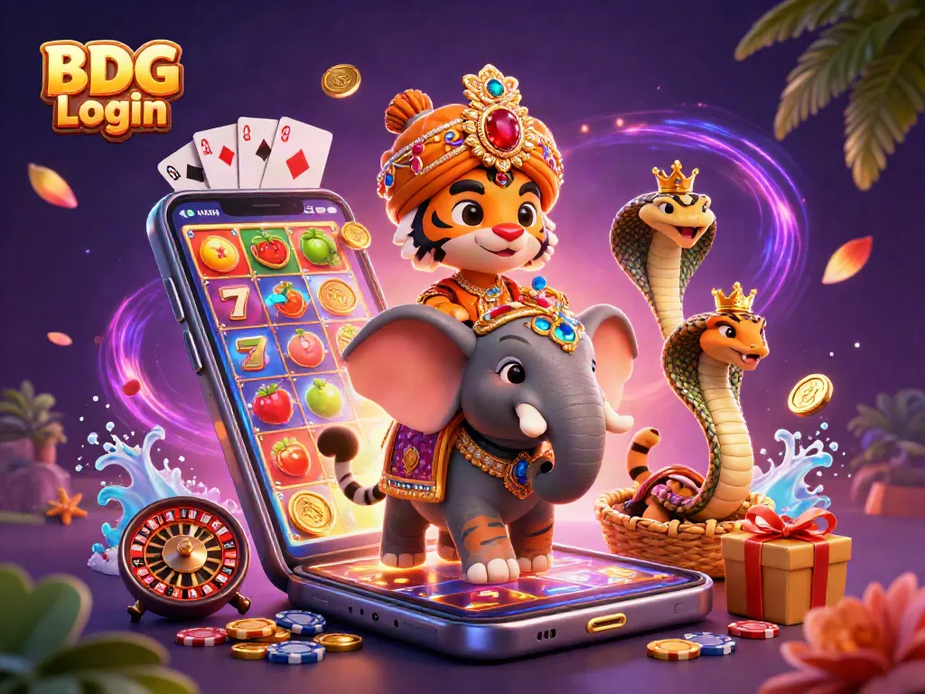 Experience the thrill of BDG Login with a vibrant casino illustration showcasing a maharaja, elephant, and gaming elements.