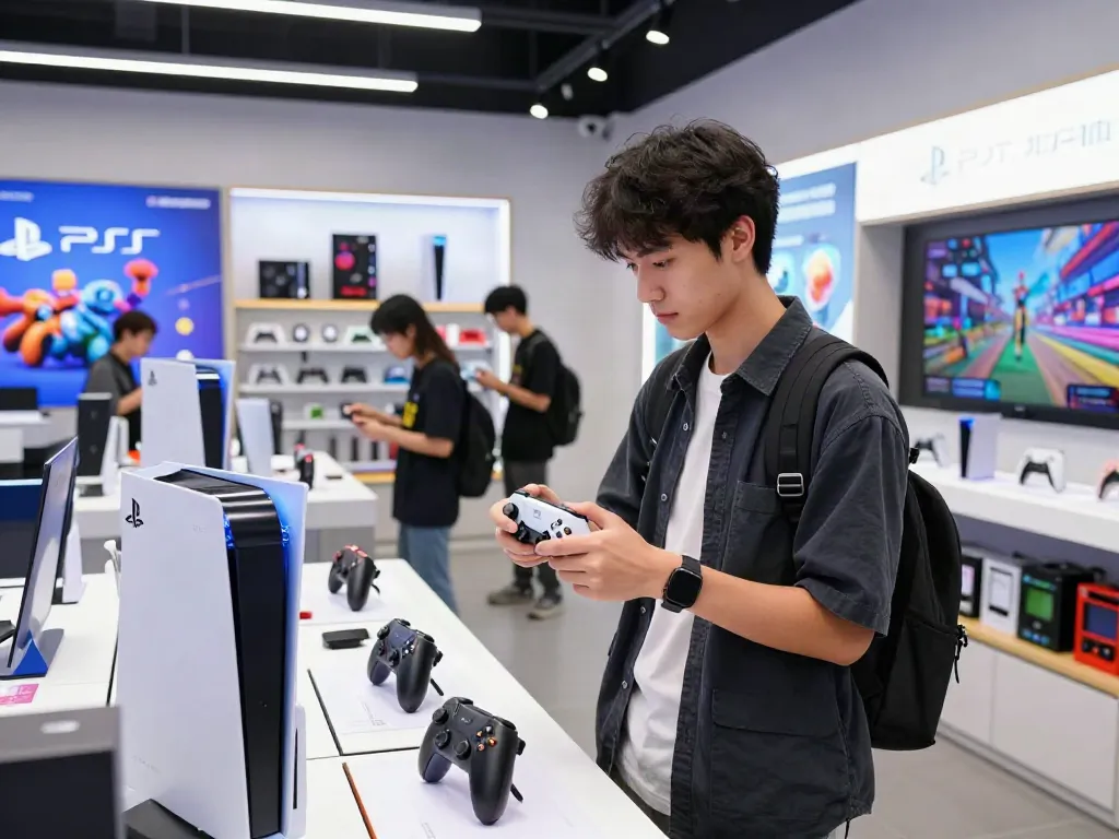 rokok88 gaming zone bustling with shoppers exploring consoles and accessories.