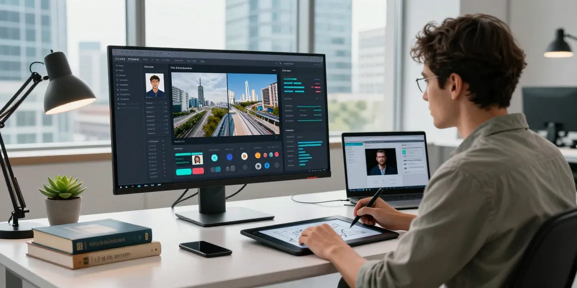 Data analyst utilizing ai image detector tool in a modern workspace with interactive displays.