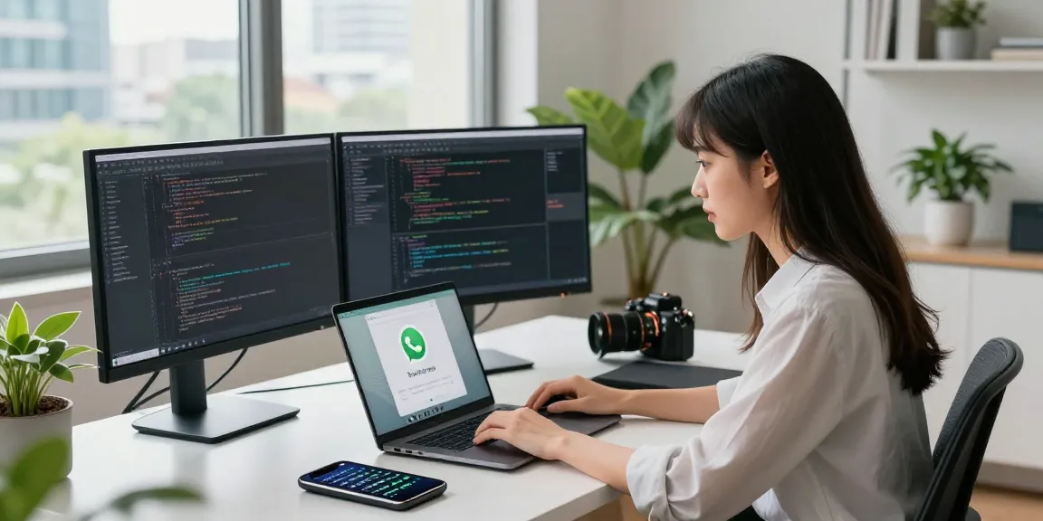 Focused woman using WhatsApp網頁版 on laptop in a modern office with vibrant city view.