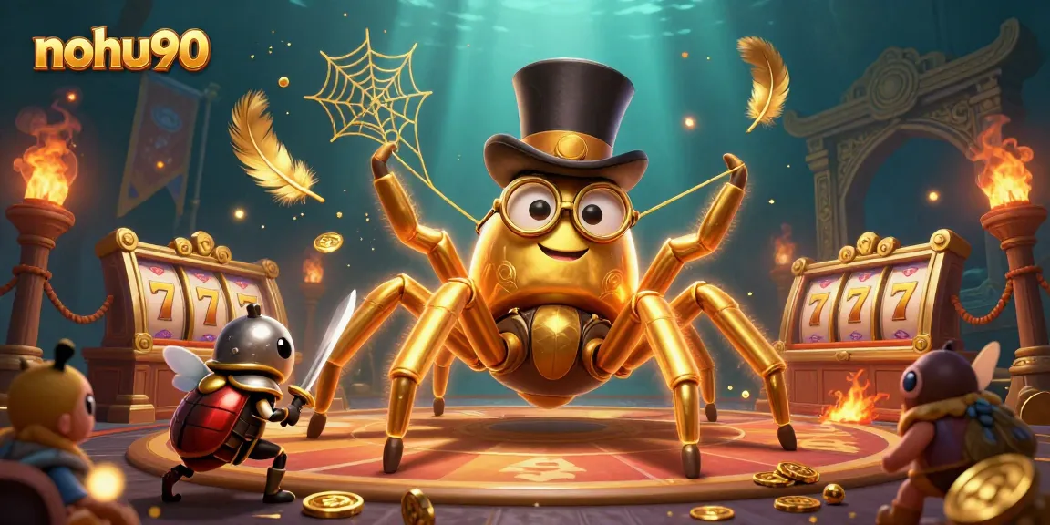 Nohu90's 3D casino scene featuring a golden tarantula and a beetle knight battling amidst vibrant slot reels.