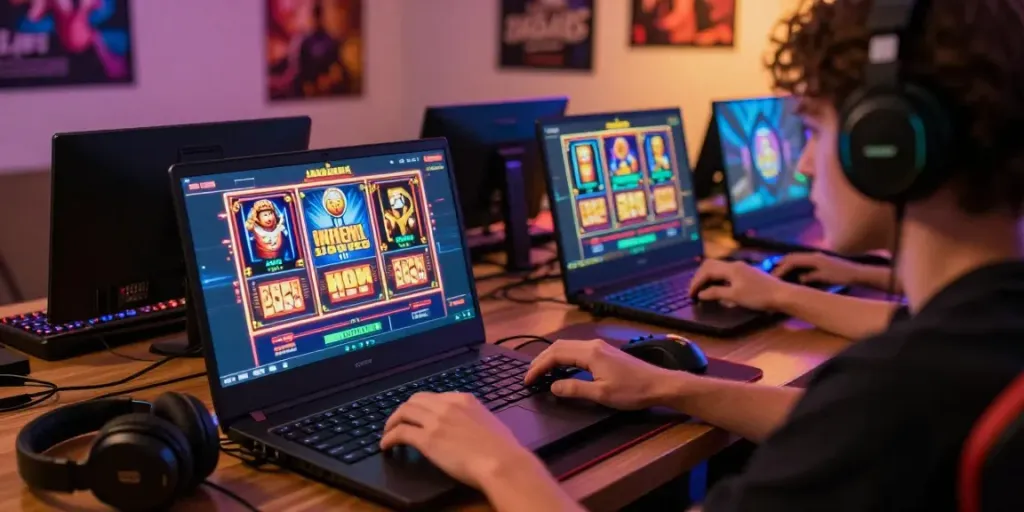 Person enjoying exciting slot games online with vibrant graphics and accessories.