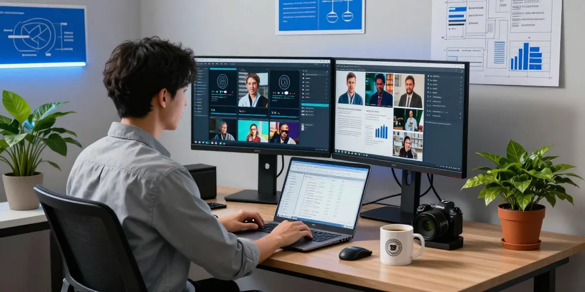 AI image detector analysis in a modern workspace with dual monitors, capturing content moderation insights.