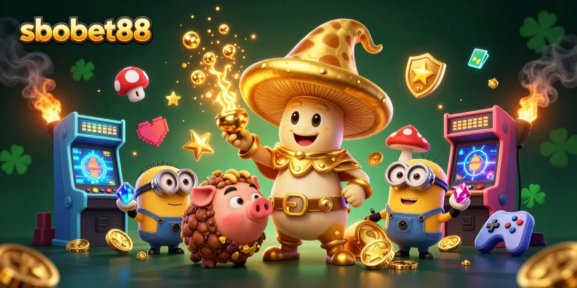 Experience sbobet88 with a magical 3D scene of a golden wizard, treasures, and arcade games.