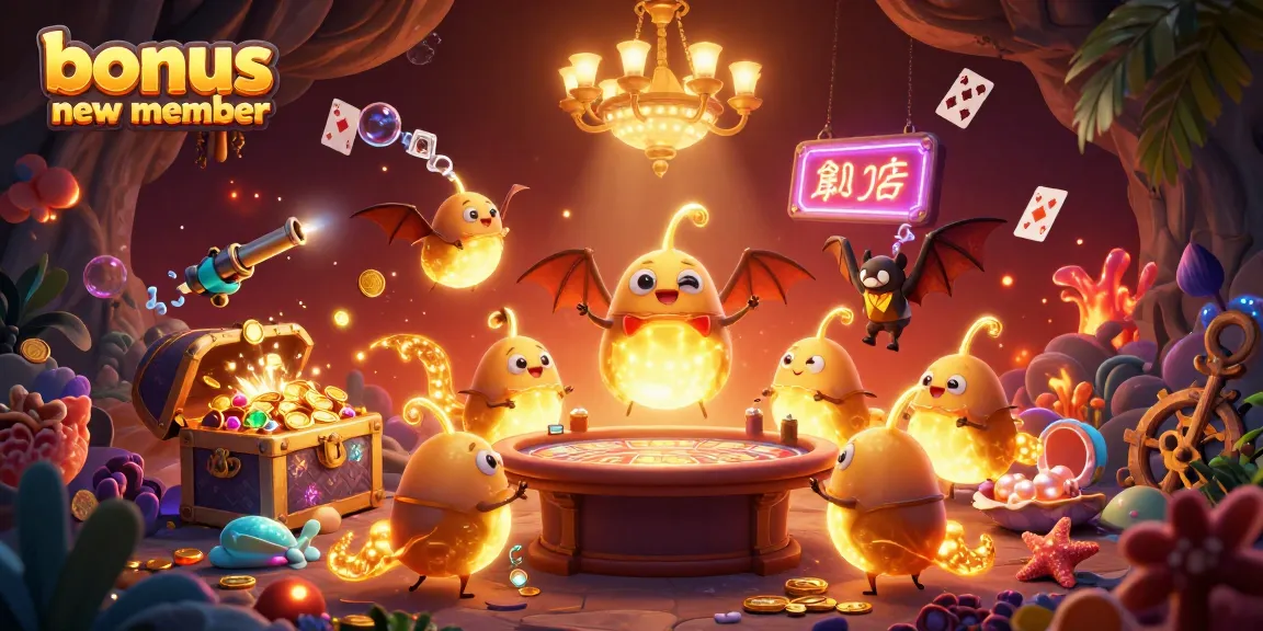 Engage with the vibrant cave casino scene showcasing bonus new member excitement with glowworms and treasures.