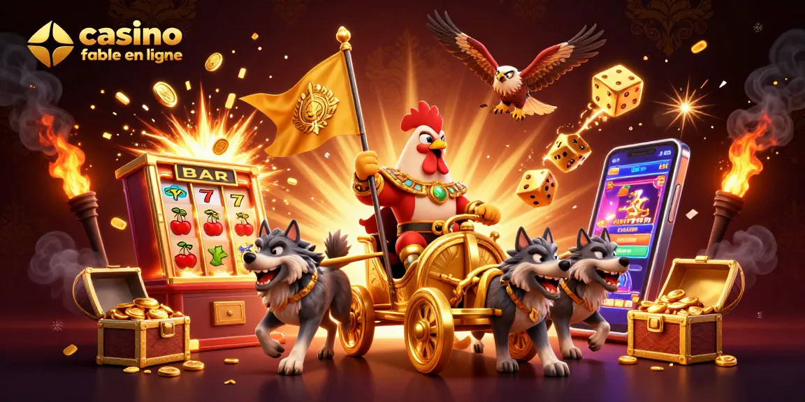 Jouez sur un casino fiable en ligne avec ce visuel animé comprenant un roi coq en guerre et des machines à sous.