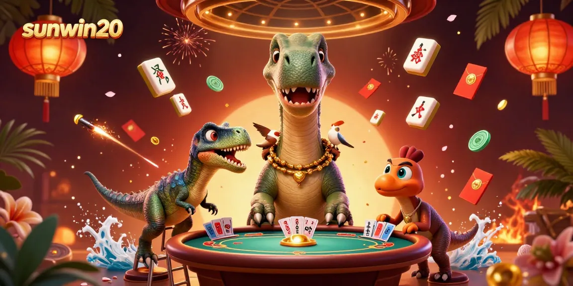 Engage with sunwin20's vibrant casino world featuring a lively cartoon brontosaurus and raptor dealing cards.
