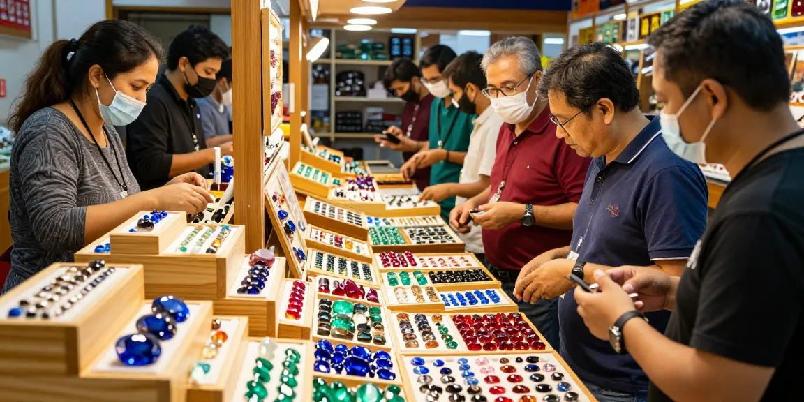 Explore quality gemstones at https://www.mygemspot.com in a vibrant marketplace scene filled with expert merchants and colorful stones.