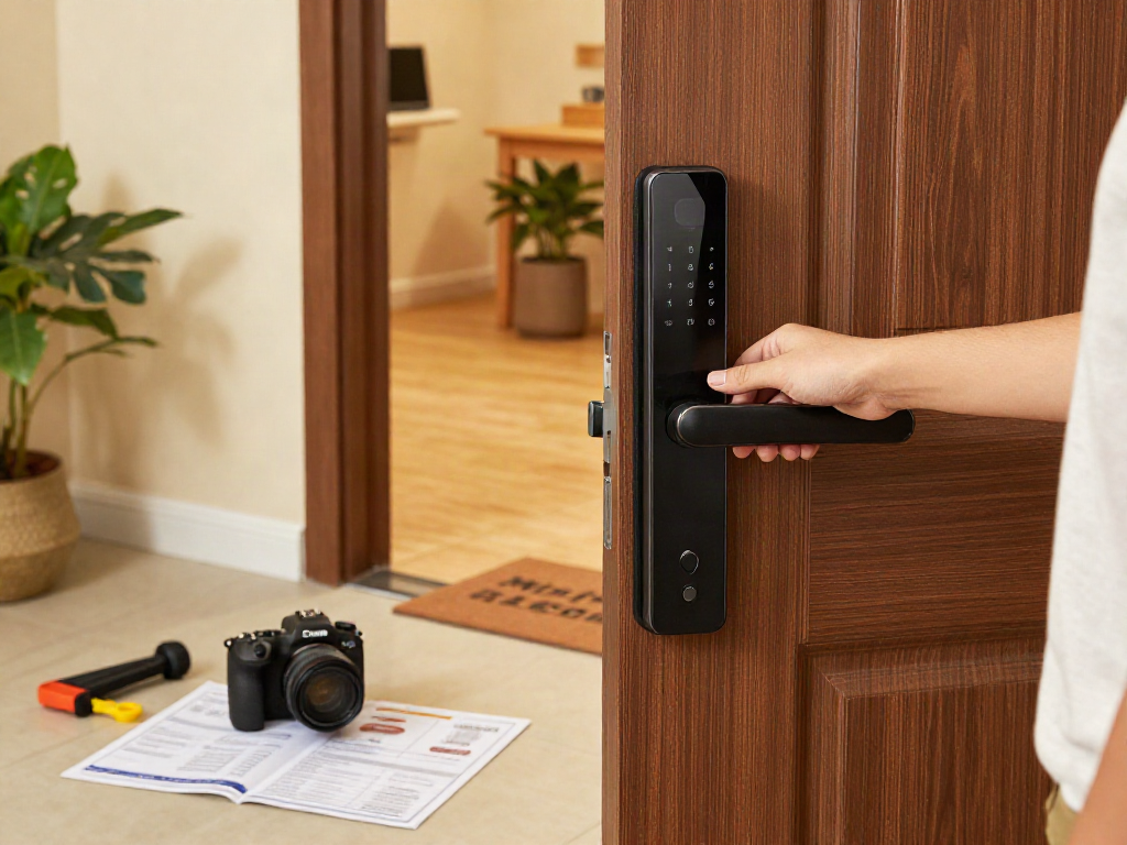 خرید قفل هوشمند in a modern home with a person installing a smart lock, showcasing home security innovation.