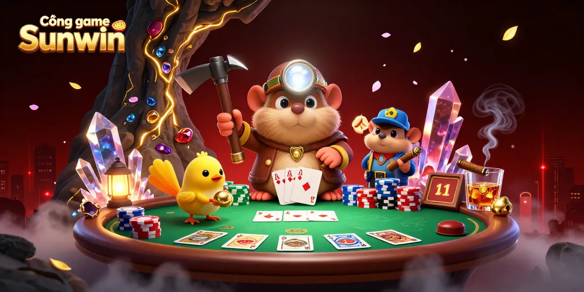 Cổng game Sunwin offers rich gaming with a treasure hunter mole in a poker scenario, showcasing vibrant casino elements.