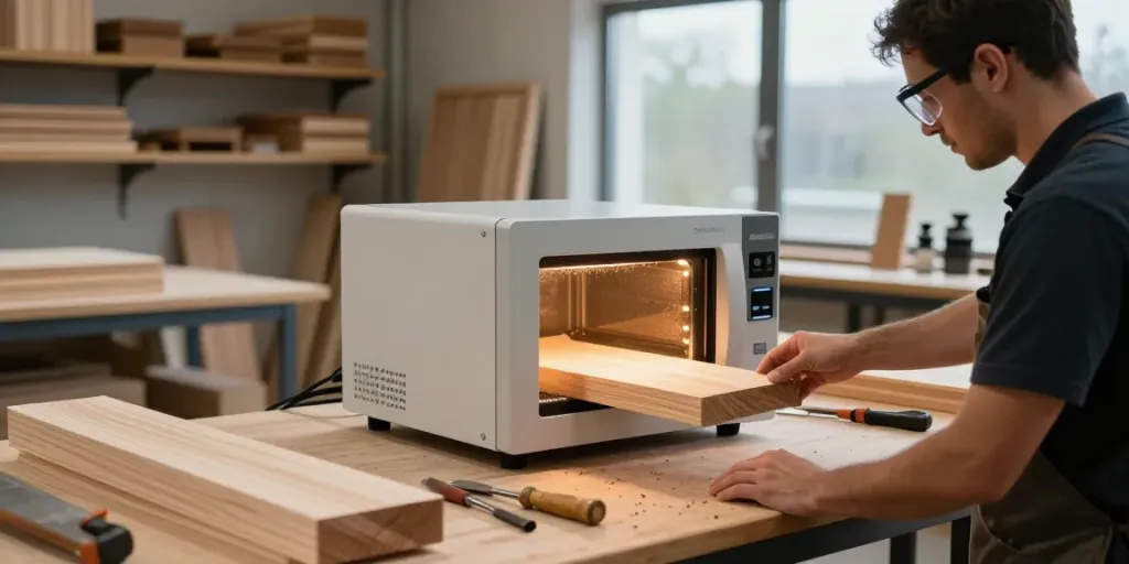 SHASHEL® microwave device in action, eliminating wood-boring insects in a modern workshop environment.