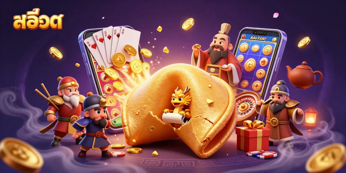 Engage with สล็อต imagery featuring a dynamic fortune cookie and vibrant casino elements