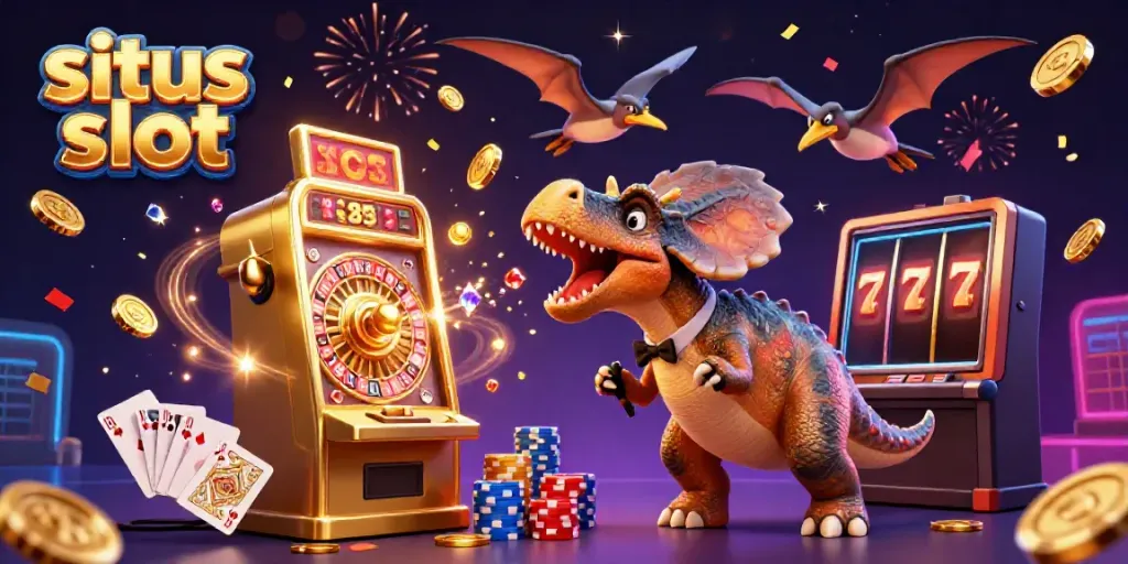 Situs slot illustration of a dinosaur triggering jackpot coins, depicting a chaotic casino scene.