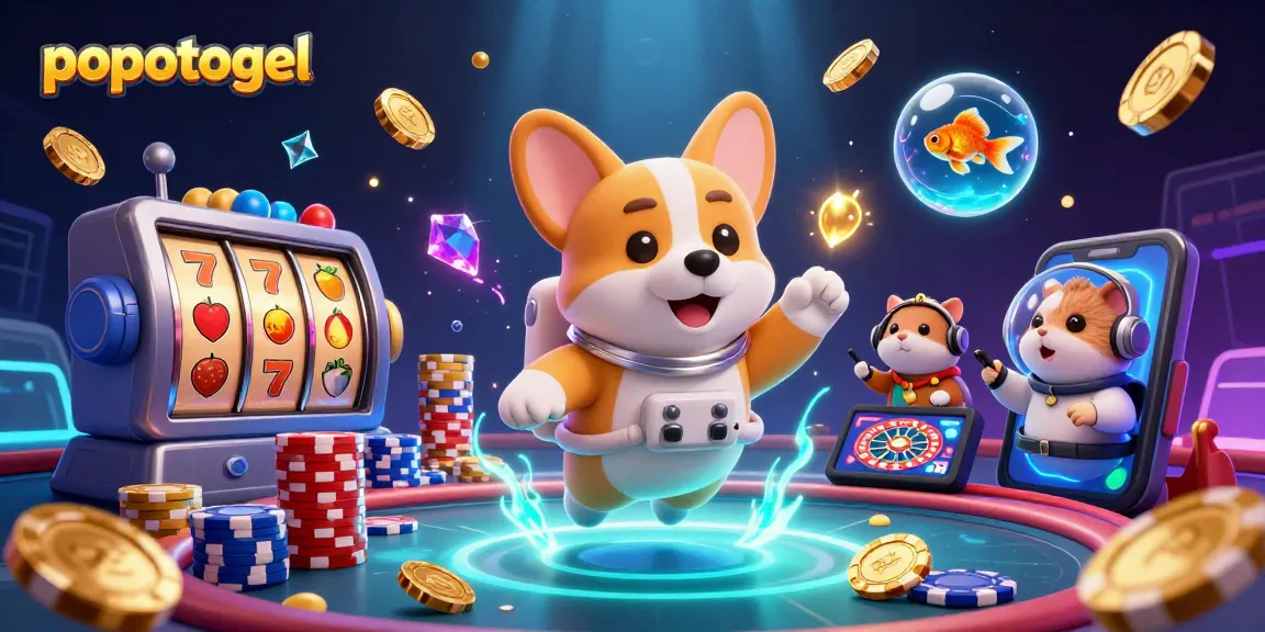 Experience thrilling gaming adventures with popotogel's dazzling slot reels, floating characters, and vibrant casino elements.
