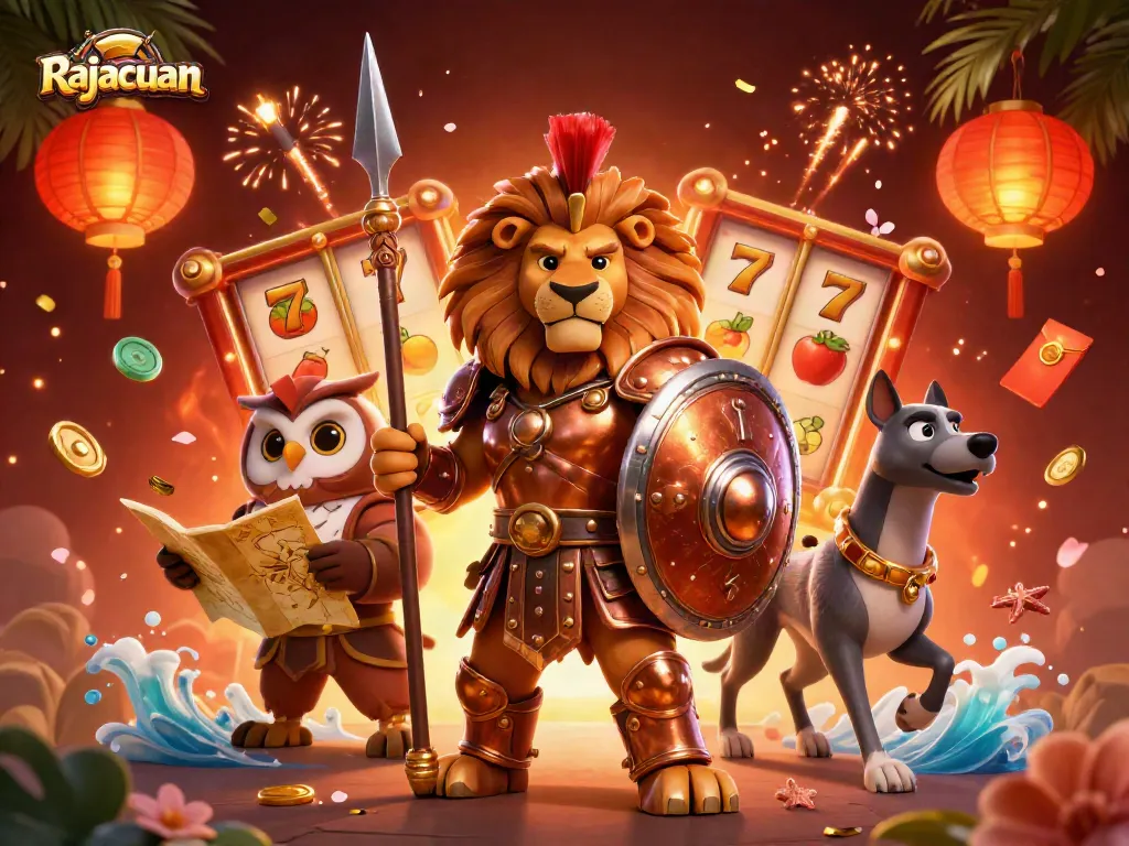 Experience winning moments with Rajacuan's vibrant 3D casino illustration featuring exciting slot reels.