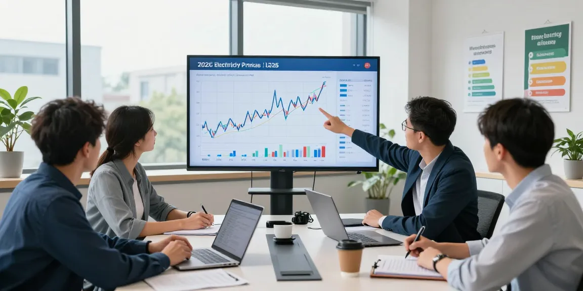 Team of analysts reviewing uk electricity price per kwh 2026 trends in a modern office setting, showcasing collaborative energy analysis.