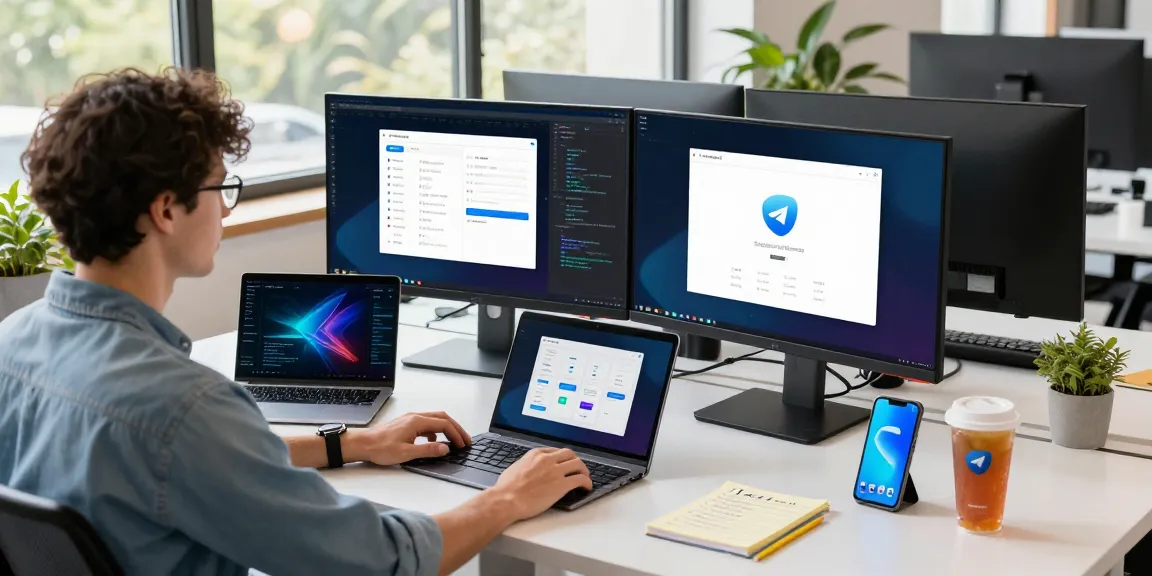 Developer using 纸飞机中文版 in a modern workspace with dual monitors displaying coding and app design.