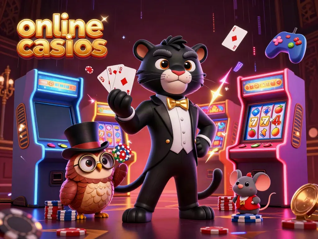 Engaging scene showcasing online casinos with a tuxedo-clad panther, owl with poker chips, and lucky mouse surrounded by vibrant casino elements.
