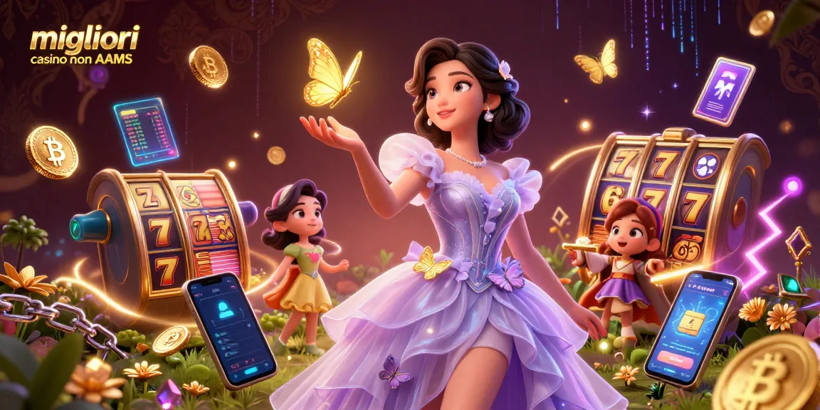 Una vetrina di migliori casino non AAMS con una straordinaria donna asiatica tra elementi di slot vibranti e valute digitali.