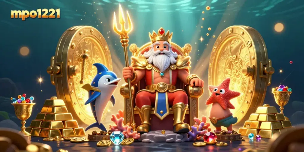 Experience exciting wins at mpo1221 with sea king Neptune in a vibrant casino treasure scene.