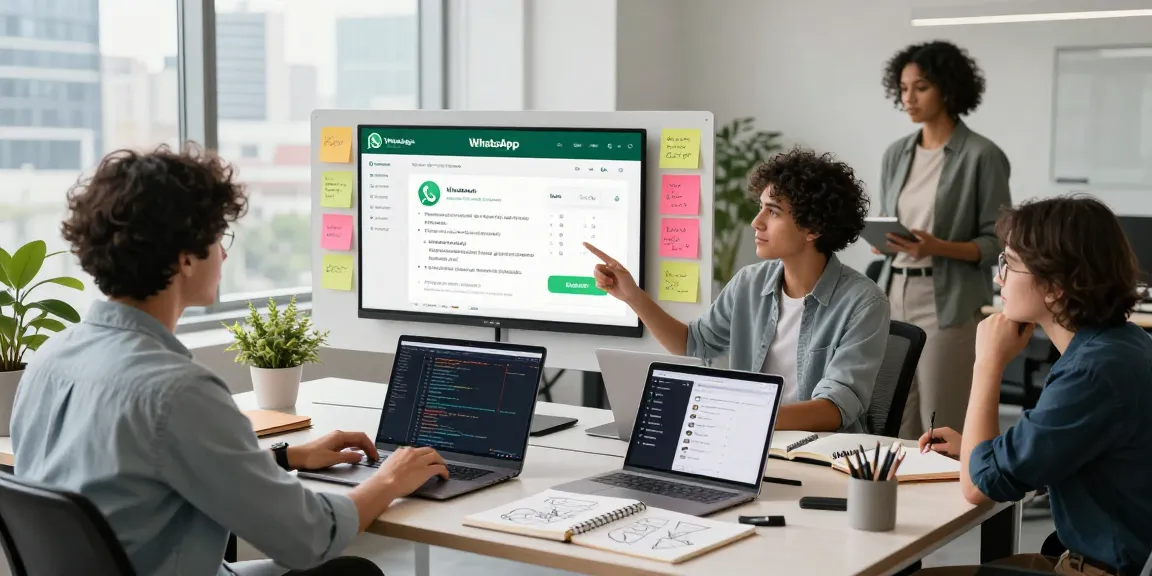 Collaboration scene showcasing WhatsApp網頁版 in a modern office with diverse professionals working on a desktop application interface.