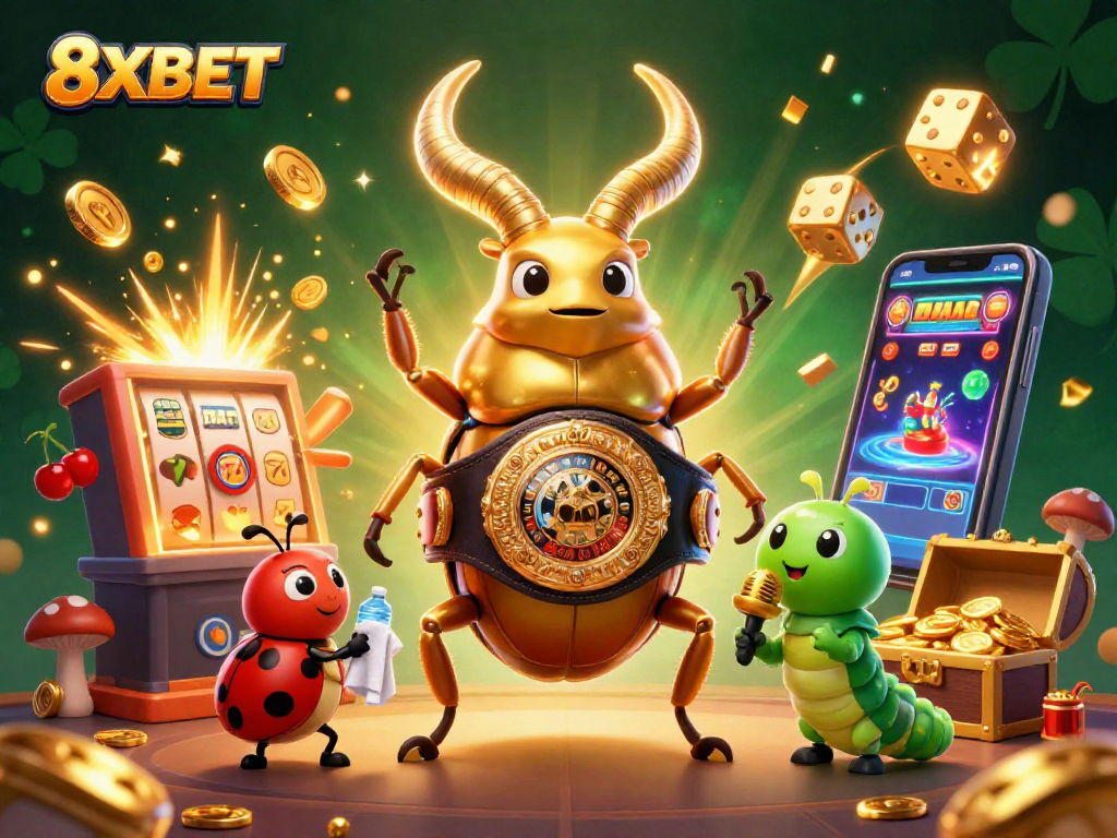 Experience the thrill of 8XBET with a vivid casino scene featuring dynamic characters and gaming elements.