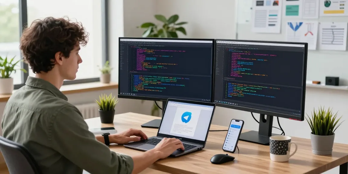 Developer engaging with 纸飞机中文版 on dual monitors in modern workspace.
