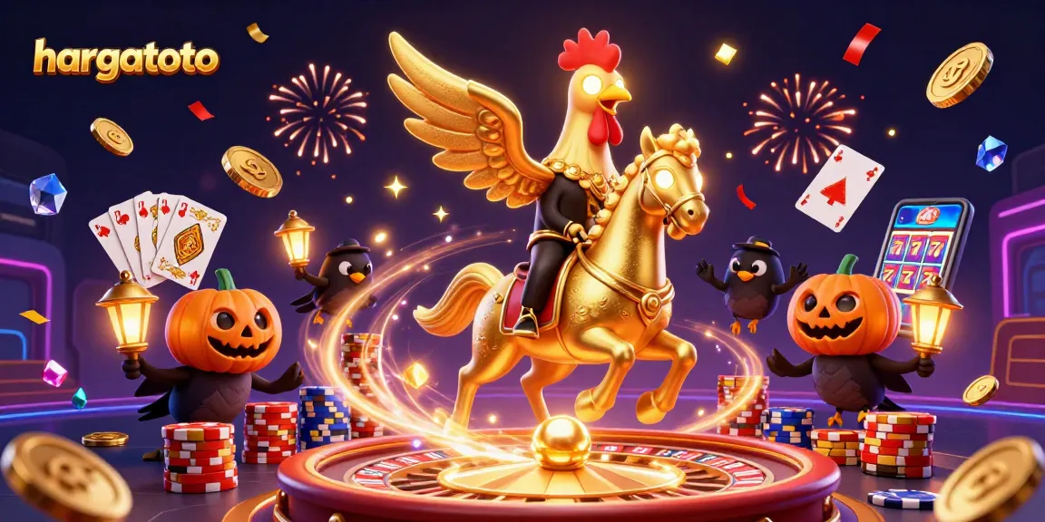 Hargatoto menampilkan ilustrasi kasino dengan ayam jantan emas dan kawanannya, penuhi kesenangan judi.