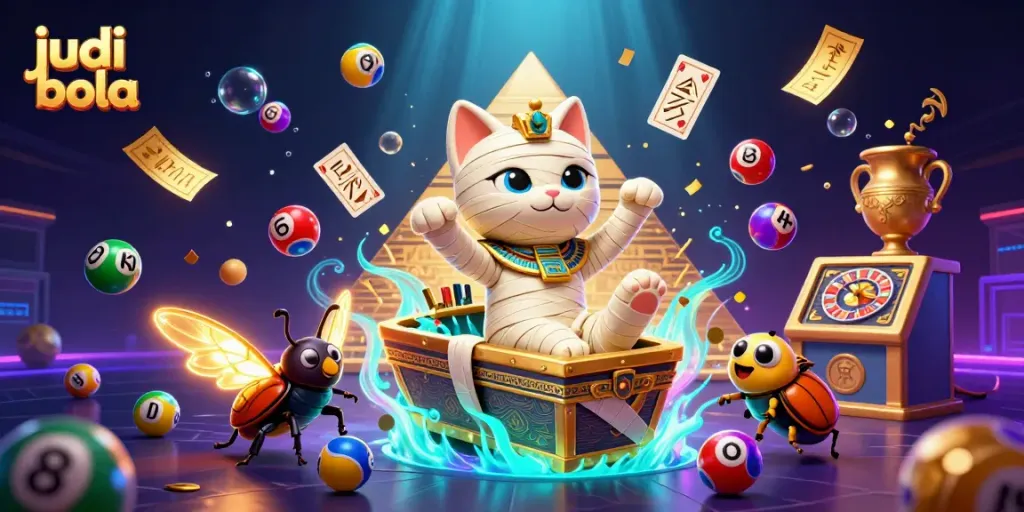 Judi bola dengan berbagai elemen kasino, termasuk kucing mummy dan roda roulette yang berputar.