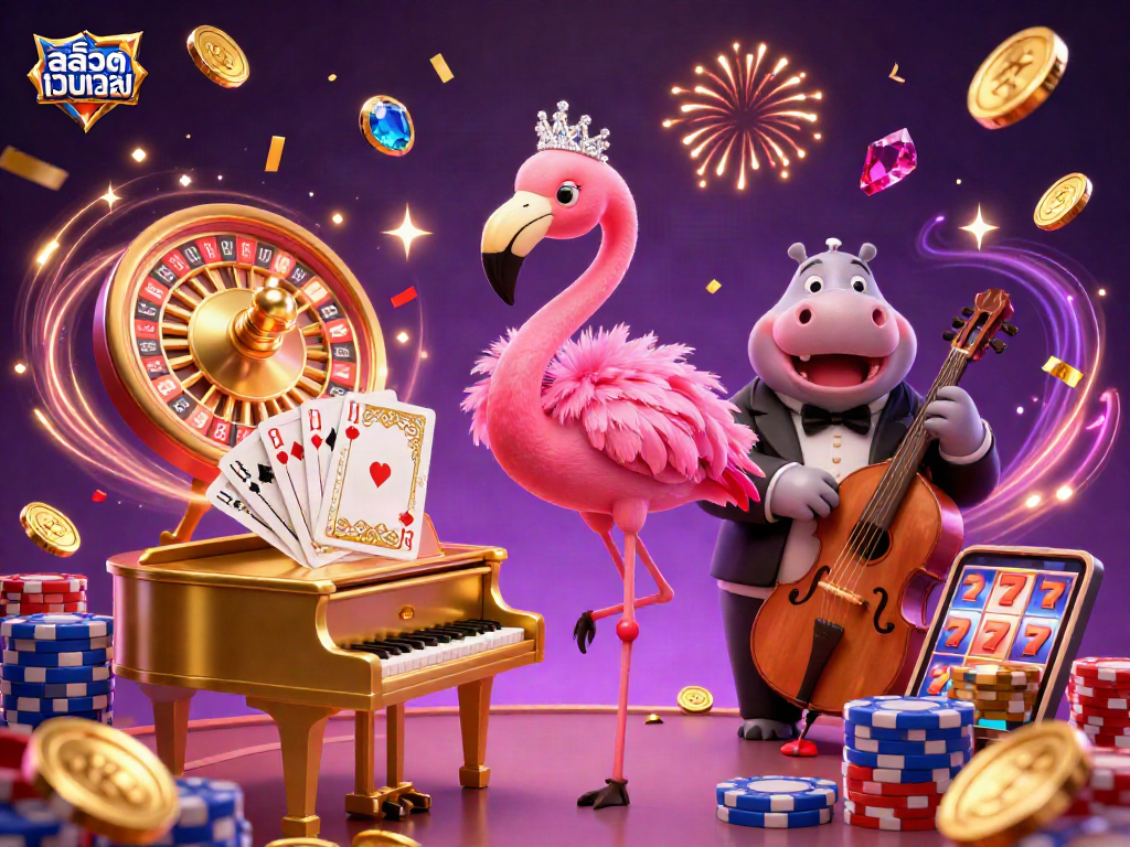 Experience the excitement of สล็อตเว็บตรง with a dazzling 3D casino scene featuring a flamingo singer, hippo bassist, and vibrant gaming elements.