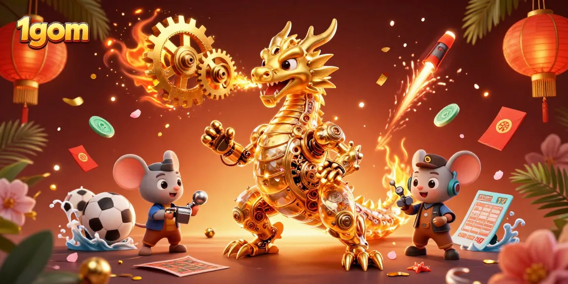 Engage in sports betting with 1gom, featuring golden dragon in a dynamic casino scene with lucky elements.